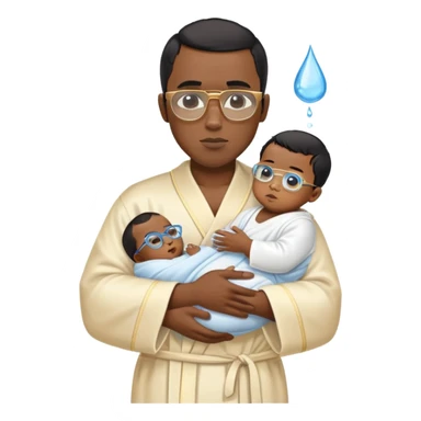 A black male named diddy with short black hair and gold and blue rectangular glasses wearing nothing but a white robe while he holds a baby and baby oil sticker
