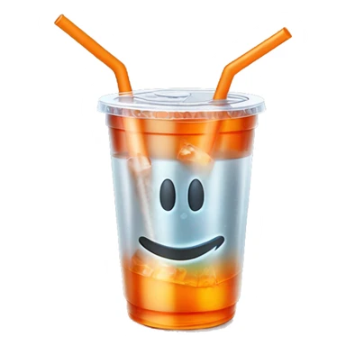 Realistic plastic cup and lid with Transluscent orange soda and large ice cubes inside and one straw through the top of the lid. sticker
