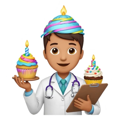 joyful doctor emoji with a medical clipboard, surrounded by colorful streamers and a birthday cupcake sticker