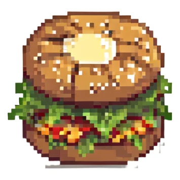 burger with lettuce and sesame bun, pixel art, emoji sticker