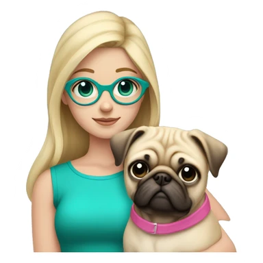 Blond haired Girl with teal eyes with pink glasses and pink shirt holding a pug  sticker