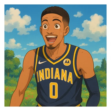 Tyrese Haliburton wearing an Indiana Pacers jersey, expressive and detailed, vibrant colors, soft shading, whimsical background in Ghibli style sticker