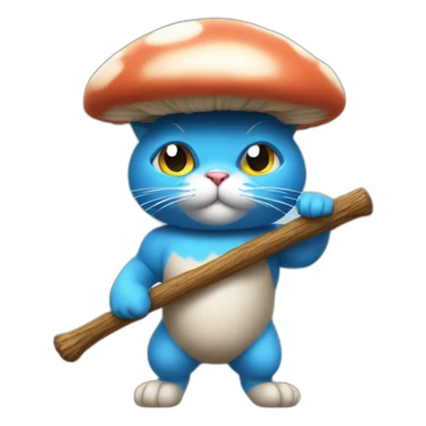 Strong muscles Blue cat NO ears  wearing a mushroom cap carrying a stick in one arm standing on two legs with pants sticker