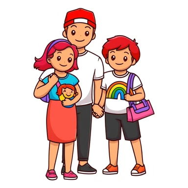A happy family of four - father in white t-shirt and cap, mother with red hair in coral dress, young daughter in matching dress with rainbow handbag, teenage son in light embroidered shirt, all smiling together sticker