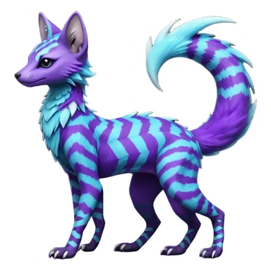 Feral Rare Fantasy  Lightning-strike-zig-zag-patterned striking purple-indigo-violet-blue-cyan-gradients with black points, white underside, galactic stormy edgy badass realistic Vernid-Sergal-Genet-Trico-species by LiLaiRa, random markings, tufted tail, tufted ears, full body sticker