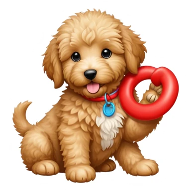 Golden doodle puppy playing with red ring toy sticker