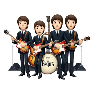 Rock music icon: The Beatles performing live on stage. John Lennon with guitar, Paul McCartney with bass, George Harrison with guitar, Ringo Starr on drums. Bright lights, energetic performance. Transparent background. sticker