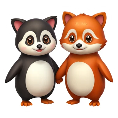 A cartoon penguin and red panda holding "hands" sticker