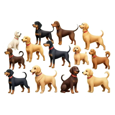 Collage of various dog breeds like Doberman, Poodle, Dachshund, and Golden Retriever, playing in a park with trees and grass. Some dogs run, others sit, all are full of energy and happiness. A joyful, colorful scene with playful expressions. Transparent background. sticker