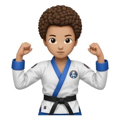 black karate instructor with pony tail afro hair and shaved bald sides haircut, Make the hair brown and the belt blue. Add the roger Gracie academy logo on the go also and the p logo of progress jiu jitsu on the right arm sleeve  at the top sticker