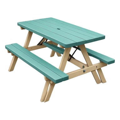 simple rectangular picnic table with attached benches, soft teal color, straight vertical legs, small wheels underneath, flat wood-style silhouette, muted teal tone, clean geometry, minimal shading, slightly theatrical sticker