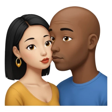 Bald black man with short beard deeply kissing each other. She is a short younger looking asain women. She has long black hair and a nose ring sticker