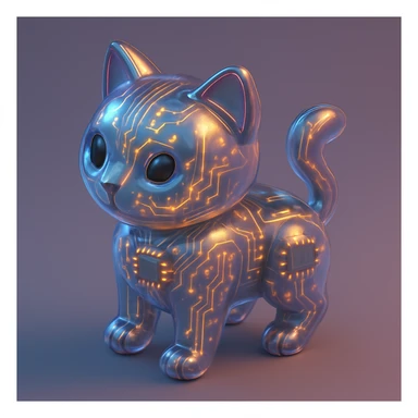 AI cat, metallic body, circuit patterns, robotic look sticker