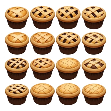 Baking community avatar in clean emoji-style illustration. Pies, cookies, and muffins grouped together, warm golden tones, simple shapes, flat design, high contrast, cozy and friendly. sticker