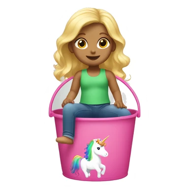 Caucasian female two year-old with blonde hair,  riding a pink unicorn with rainbow colored hair inside of a green bucket sticker