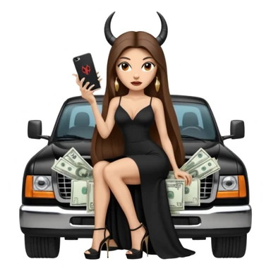 Sensual queen long brown straight haired sexy drug lord woman with black platform high heels with  on her feet,  and devil black horns on her head, holding a stack of cash, has a phone in other hand. Sitting on a large big new model F350 pickup truck  full of drugs, long black dress with sexy slit sticker