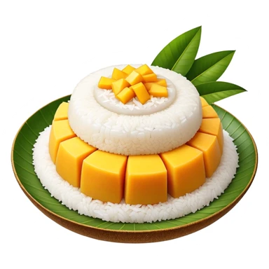 cinematic-realistic-mango-sticky-rice-dessert-emoji,-showcasing-sweet-sticky-rice out of a mould-paired-with-ripe-mango-slices-and-coconut-milk-rendered-with-lifelike-detail-and-warm,-inviting-lighting with the coconut  milk over the rice sticker