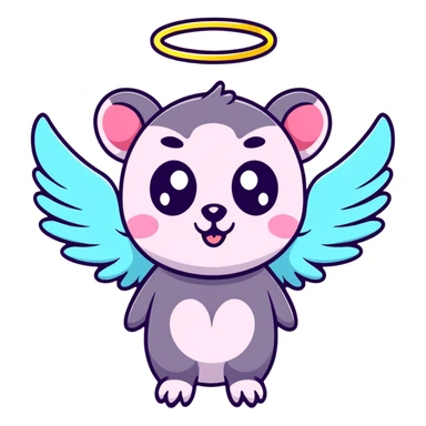 possum with angel wings, sparkles, glowing halo, vibrant neon colors, cute big eyes sticker