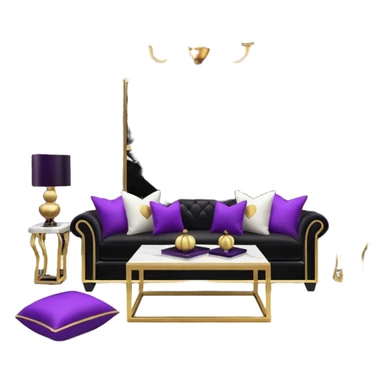 Luxurious black marble living room with gold and white accents and with a purple accented pillow  sticker