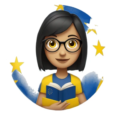 dark haired girl with glasses and a canary islands flag in one hand and a book in the other with the european stars circle in the background sticker