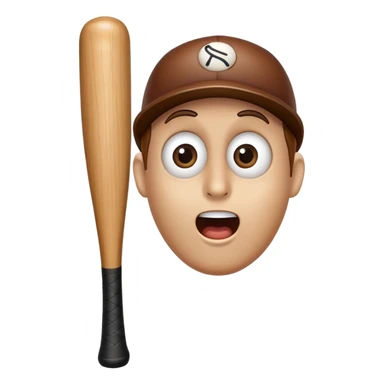 Classic wooden baseball bat with a face having round eyes, a small nose, and a surprised mouth sticker