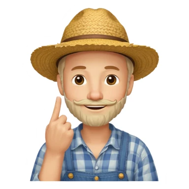 “A single emoji-style character combining 👨‍🌾😄 and 🤔: a smiling farmer man with a straw hat, friendly face, and light beard, holding one hand under his chin in a thinking gesture. His index finger rests under his face, eyes looking slightly upward as if thinking.  sticker