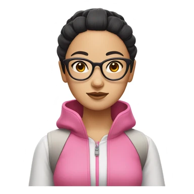 An Asian girl with black hair, wearing glasses, and dressed in a pink outfit. Her hair is styled in two buns on either side. sticker