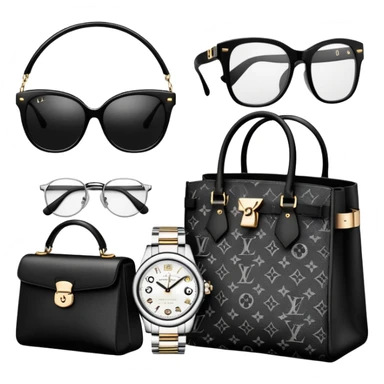 bags and watches, and glasses, all black and white put together like a bundle with no face, all luxury items like lv sticker