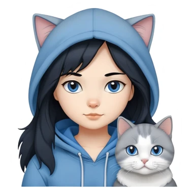 Girl with black hair in gray hoodie with a British shorthair blue and white cat and a long-haired blue and white cat sticker