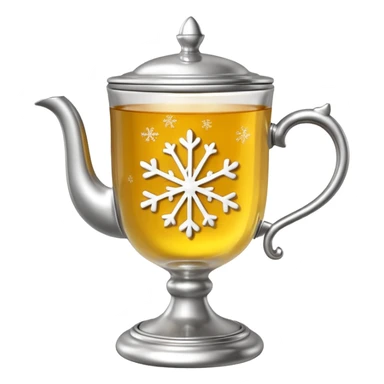 3D emoji of a traditional
Russian tea glass in an ornate silver metal holder (podstakannik). Hot tea with a lemon slice, visible steam forming a small snowflake shape. High-end glossy 3D
 sticker