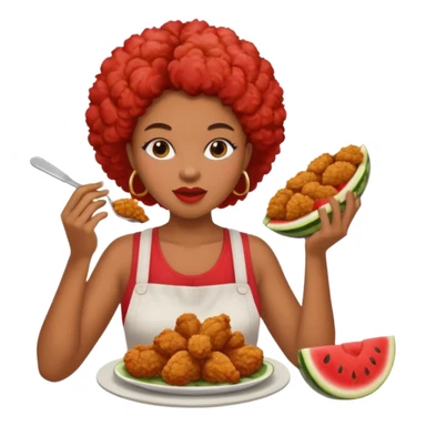 A black woman eating fried chicken and watermelon sticker