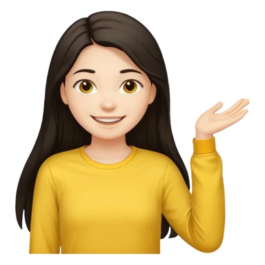 girl on a laptop, long dark hair white skin and yellow shirt long sleeves, smiling sticker