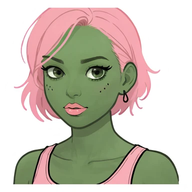 Girl, pale, long black hair, black eyes, blush, mascara, lip gloss, pink tank top sticker