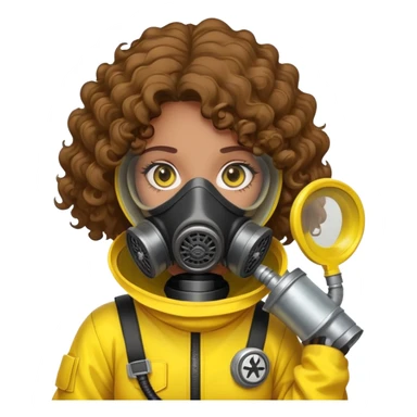 Sticker of a girl with curly brown hair, wearing a yellow hazmat suit and a gas mask. Slightly tense vibe, cartoon style, radiation danger background. sticker