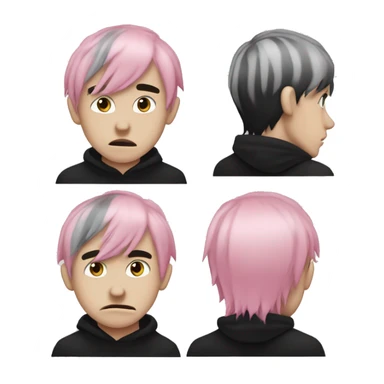 Create an emoji of an emo guy with split-dyed hair (one side pastel pink, the other side black), wearing black clothes and a subtle sad expression, inspired by the style of Lil Peep. sticker
