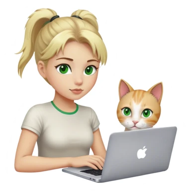 Blonde girl ponytail green eyes with apple MacBook and a cat sticker