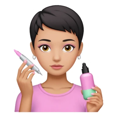 tan girl with no makeup pink shirt with black hair & a pixie, cut no earrings, doing pastel colors skin care sticker