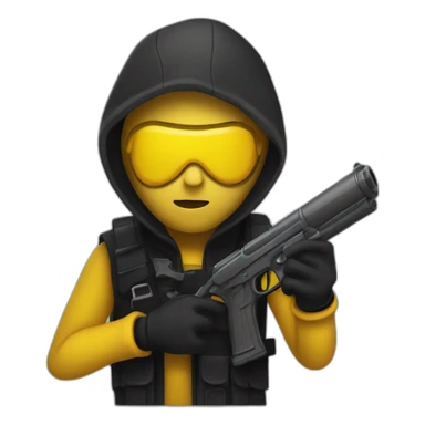 person that looks like a robber with a black watergun with yellow skin sticker
