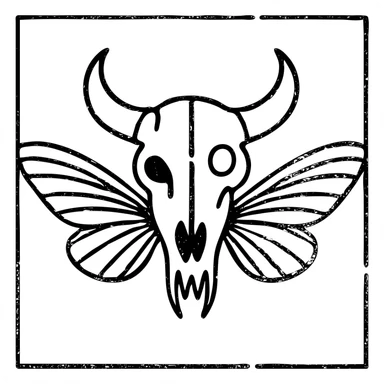 minimal red horror line art of minotaur-stoat hybrid skull with broken horn and eye, with moth wings, mostly empty middle with simple thin outline frame around the entire design, frame intentionally weathered and incomplete in spots, sparse horrific details, 100% red sticker