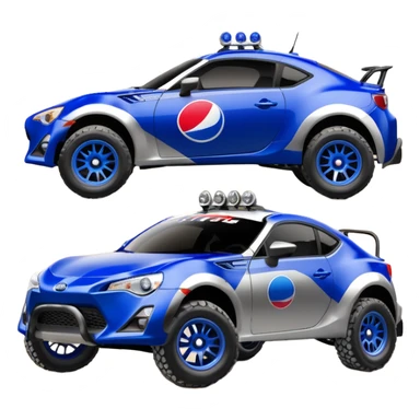Dirty raced jacked 2013 scion fr-s ultramarine off road 4wd monster Baja dessert stadium racer number 86 with long travel suspension, shiny silver wheels, exaggerated black fender flares sponsored by Pepsi and NASA  sticker