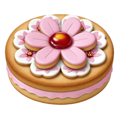 Realistic shortbread cookie in the shape of a cherry blossom with pale pink color jelly middle filling and sprinkled powder sugar on top. sticker