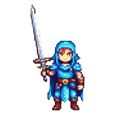 Aether from Genshin Impact in pixel art style, standing with sword sticker