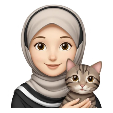 White girl wearing hijab smiling while holding a black grey brown stripes tabby cat sticker
