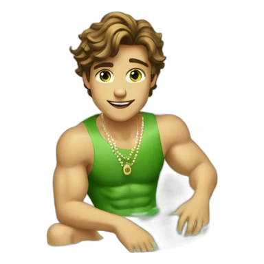 Posh-muscle-boy-brown-hair-green-eyes-pearl-necklace-in-golden-bathtub sticker