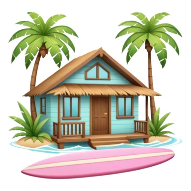 Hawaiian bungalow house, pastel colors, wooden porch, surfboard leaning on wall, palm leaves, tropical vibe, cute mobile game icon style, 3D cartoon, clean background, no text
 sticker