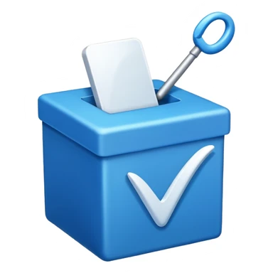 A blue box  and a white tick 1d sticker