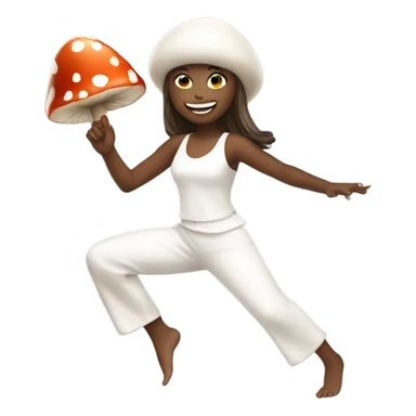 Girl wearing an all white dancing outfit dancing with a mushroom  sticker