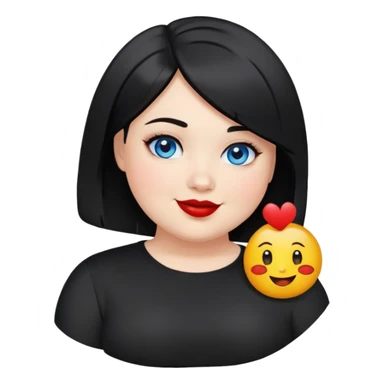 plus size teenage girl with a black bob haircut, side parted, blue eyes, black eyeshadow, red lipstick, wearing a black shirt, emoji style, smiling sticker