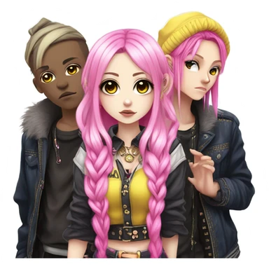 Blue eyed long eye lashes pout blonde and pink hair pale hime gyaru girl, hot pink and yellow split-dyed hair, nose ring, elf ears, dark makeup, punk clothes standing next to three diffrent men praying on their knees sticker