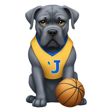 Grey Cane Corso in a blue and gold colored basketball uniform with a monogrammed J. sticker